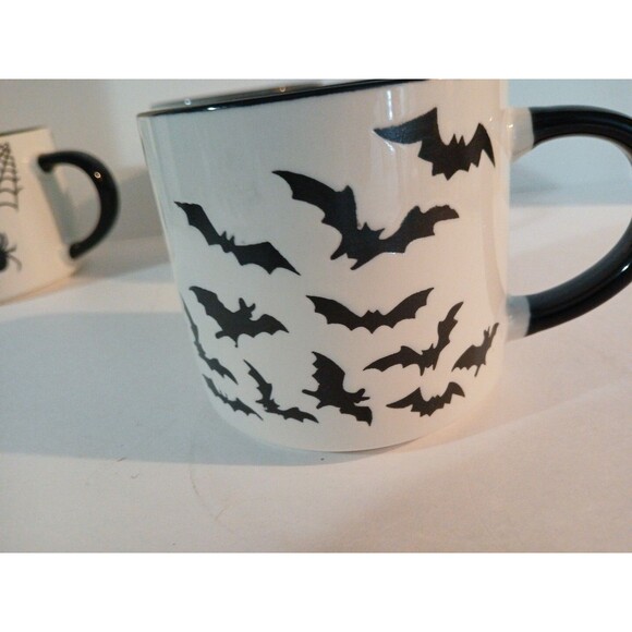 3 Halloween Skelton Mug/ Dancing Skeltons, Spiders,& Bats, Black White 16 Oz New - Picture 12 of 16